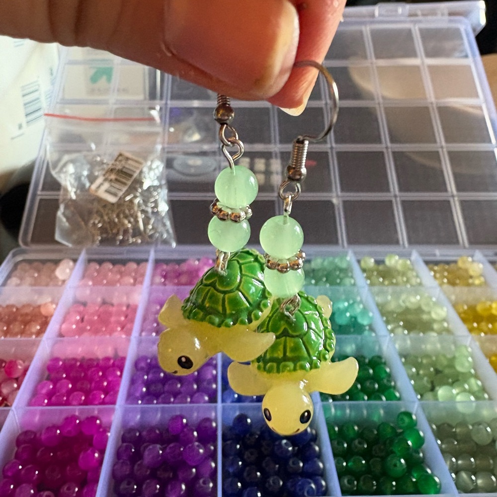 Green Turtle Earrings with Beads